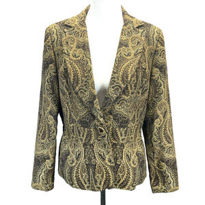 Focus 2000 Women 12 Peplum Jacket Brown Gold Paisley Topaz Jeweled Snap Closure
